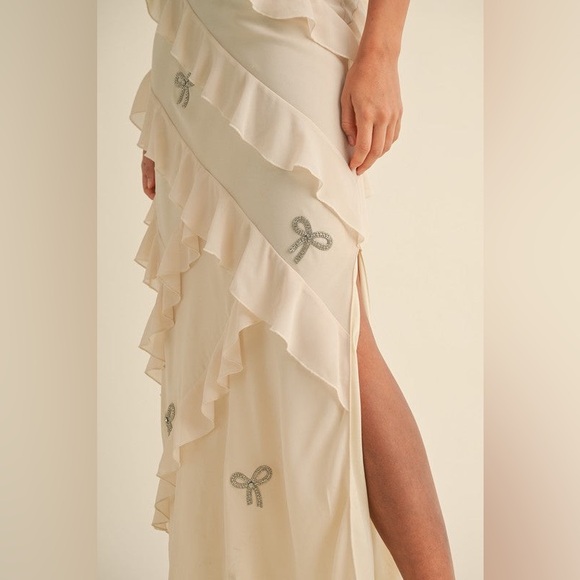 Cream Satin Ruffle Gown w/ Silver Crystal Bows – Romantic Maxi Slip Dress - Picture 9 of 9